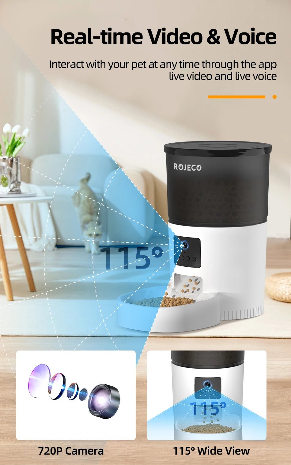 ROJECO Automatic Cat Feeder With Camera Video Cat Food Dispenser Pet Smart Voice Recorder Remote Control Auto Feeder For Cat Dog - AnimalEssentials