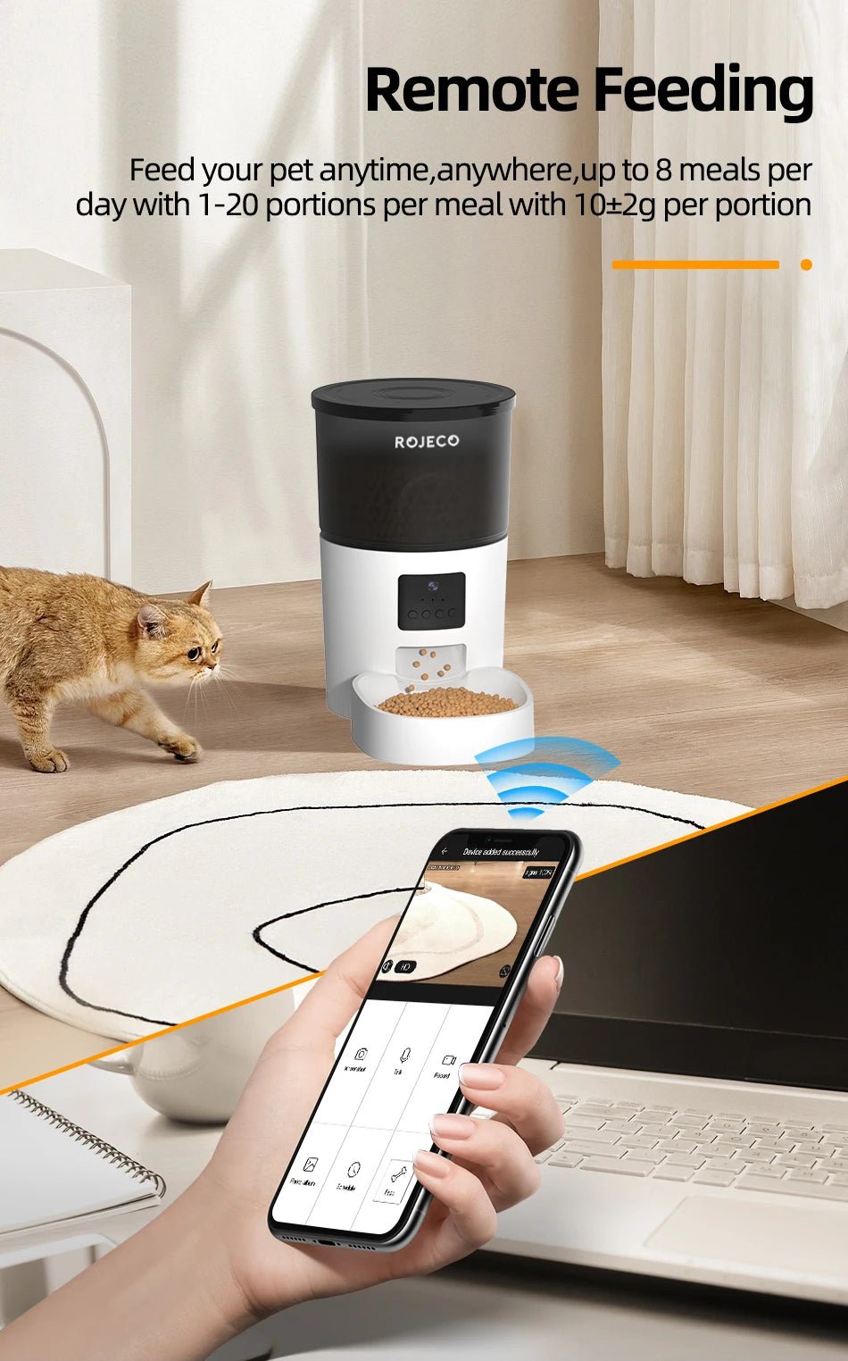 ROJECO Automatic Cat Feeder With Camera Video Cat Food Dispenser Pet Smart Voice Recorder Remote Control Auto Feeder For Cat Dog - AnimalEssentials