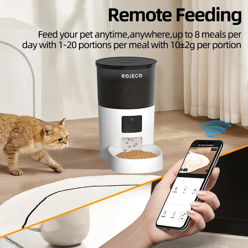 ROJECO Automatic Cat Feeder With Camera Video Cat Food Dispenser Pet Smart Voice Recorder Remote Control Auto Feeder For Cat Dog - AnimalEssentials