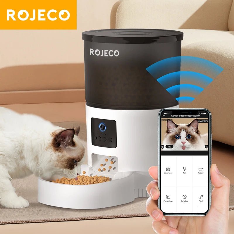 ROJECO Automatic Cat Feeder With Camera Video Cat Food Dispenser Pet Smart Voice Recorder Remote Control Auto Feeder For Cat Dog - AnimalEssentials