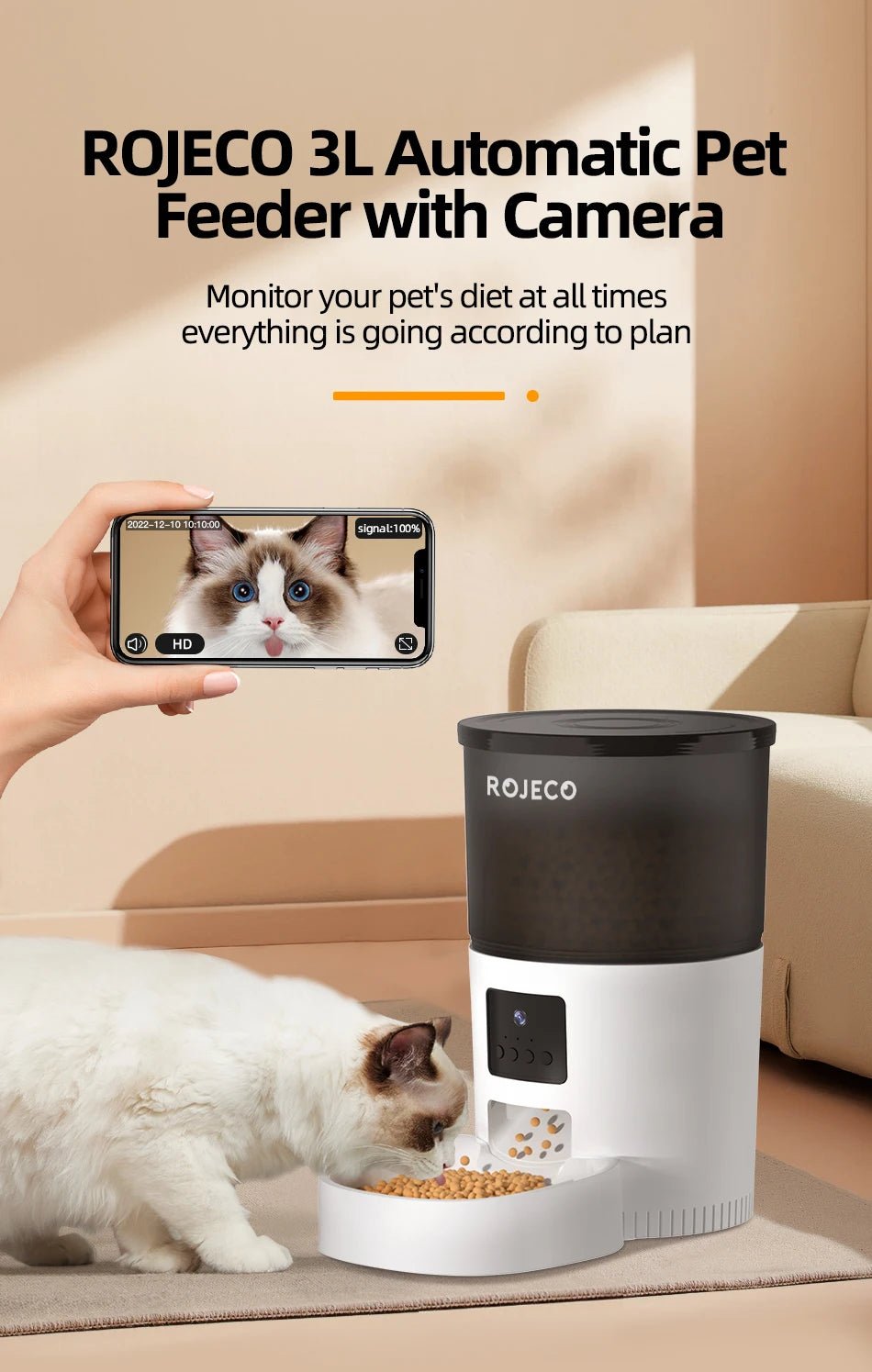 ROJECO Automatic Cat Feeder With Camera Video Cat Food Dispenser Pet Smart Voice Recorder Remote Control Auto Feeder For Cat Dog - AnimalEssentials